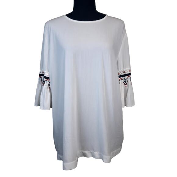 LOFT VISCOSE WOMEN'S L TOP WHITE EMBROIDERY 3/4 BELL SLEEVE PHEASANT BOHO - Picture 1 of 12